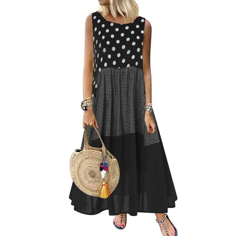 Женское платье в горошек, в клетку Хлопок Лен с рисунком платье без рукавов с круглым вырезом свободное Макси платье - Цвет: Черный