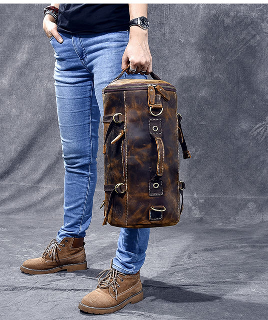 Genuine Leather Men’s  Backpack Bucket  Shoulder Bag Large Capacity Travel Backpacks Portable Crazy Horse Leather Male Handbags