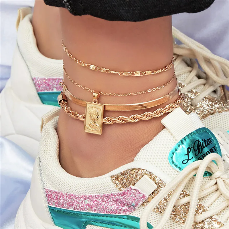 1 Set ( 4 PCs/Set) Hyperbole Copper Anklet Gold Silver Color On Foot Ankle Bracelets For Trendy Women Leg Jewelry 22cm long 1 Set ( 4 PCs/Set) Hyperbole Copper Anklet Gold Silver Color On Foot Ankle Bracelets For Trendy Women Leg Jewelry 22cm long