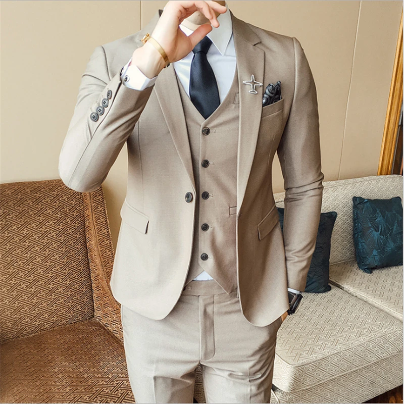 Autumn New England Fashion Korean Slim Business Suit Three-Piece Groom Groomsmen Wedding Dress Solid Color Suit Set