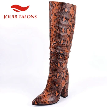 

JOUIR TALONS Snake Pattern Pointed Toe Knee High Female Boots Mixed Color Square Thick Heels Pleated Zipper Women shoes
