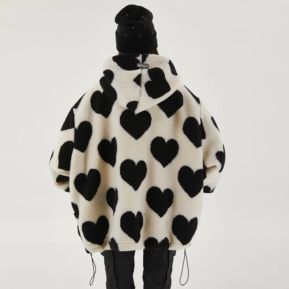 Aolamegs Cute Heart-shaped Print Lambswool Winter Jacket Men Drawstring Pockets Zipper Hooded High Street Warm Couple Streetwear