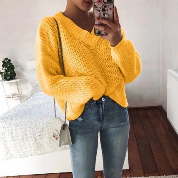 

KALENMOS Winter Clothes Women Sweater Loose V-neck Solid Color Sweater Casual Personality Multi-color Shirt Large Size Blouse
