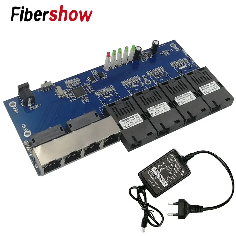 with power supply Оптоволоконный переключатель Ethernet 4 RJ45 4 SC оптический медиа конвертер одномодовый волоконно-оптический Порты и разъёмы 10/100 м PCBA - Цвет: with power supply