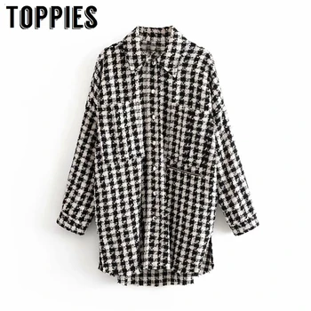 

Lattice Twill Tweed Jacket 2019 Winter Women Tassel Jacket Loose Oversied Long Coat European Clothes