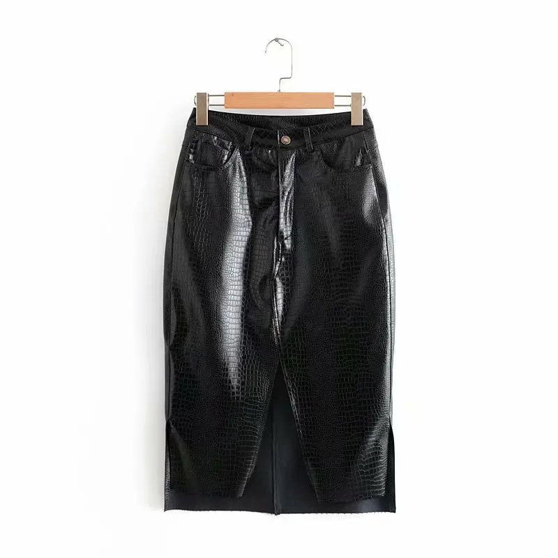 Bella philosophy Women Autumn Sexy Split Straight Skirts PU Faux Leather Female Bodycon Skirts Casual Lady Midi Skirts Bottoms - Цвет: Black
