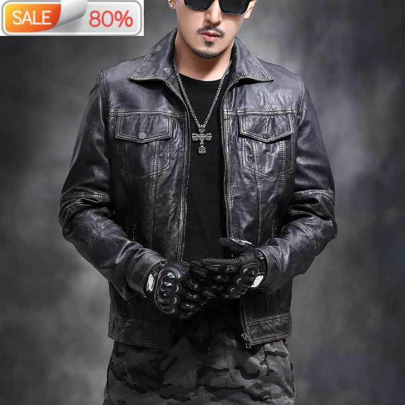 Abrigo de piel de oveja genuina hombre, chaqueta de moto, Vintage, Slim Fit Biker, chaquetas de cuero|Abrigos de cuero genuino| - AliExpress
