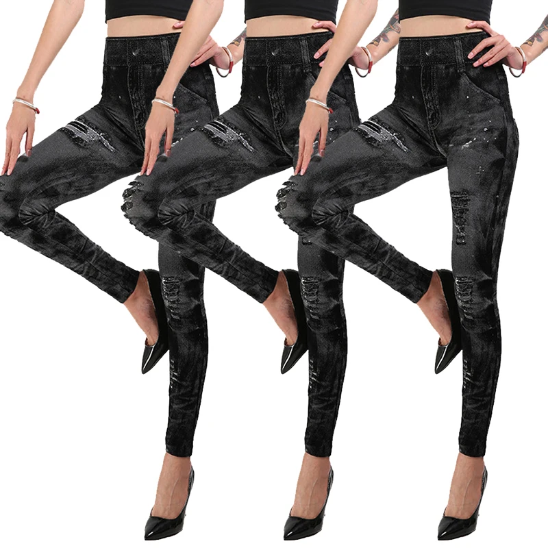 3pc black 2 Женские Штаны Для Йоги, повседневные тонкие леггинсы, Стрейчевые Джинсовые леггинсы, джеггинсы, весна-осень, Джинсовые леггинсы, синие плиссированные тонкие универсальные - Цвет: 3pc black 2
