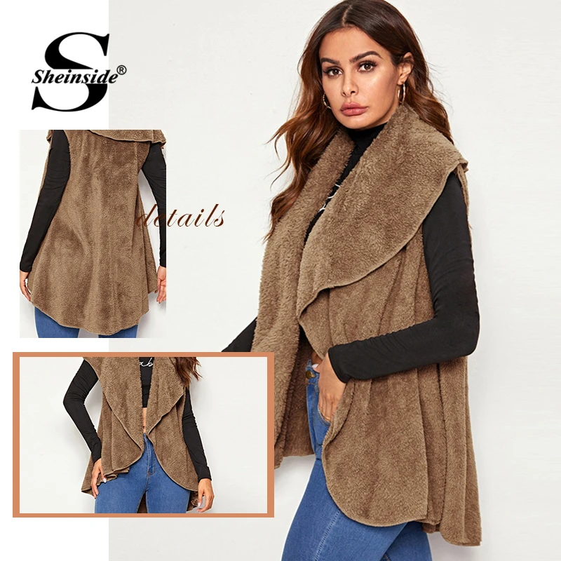 Sheinside Camel Повседневный плюшевый жилет пальто для женщин осень высокая низкая Деталь Открытый пальто дамы сплошной Асимметричный верхняя одежда