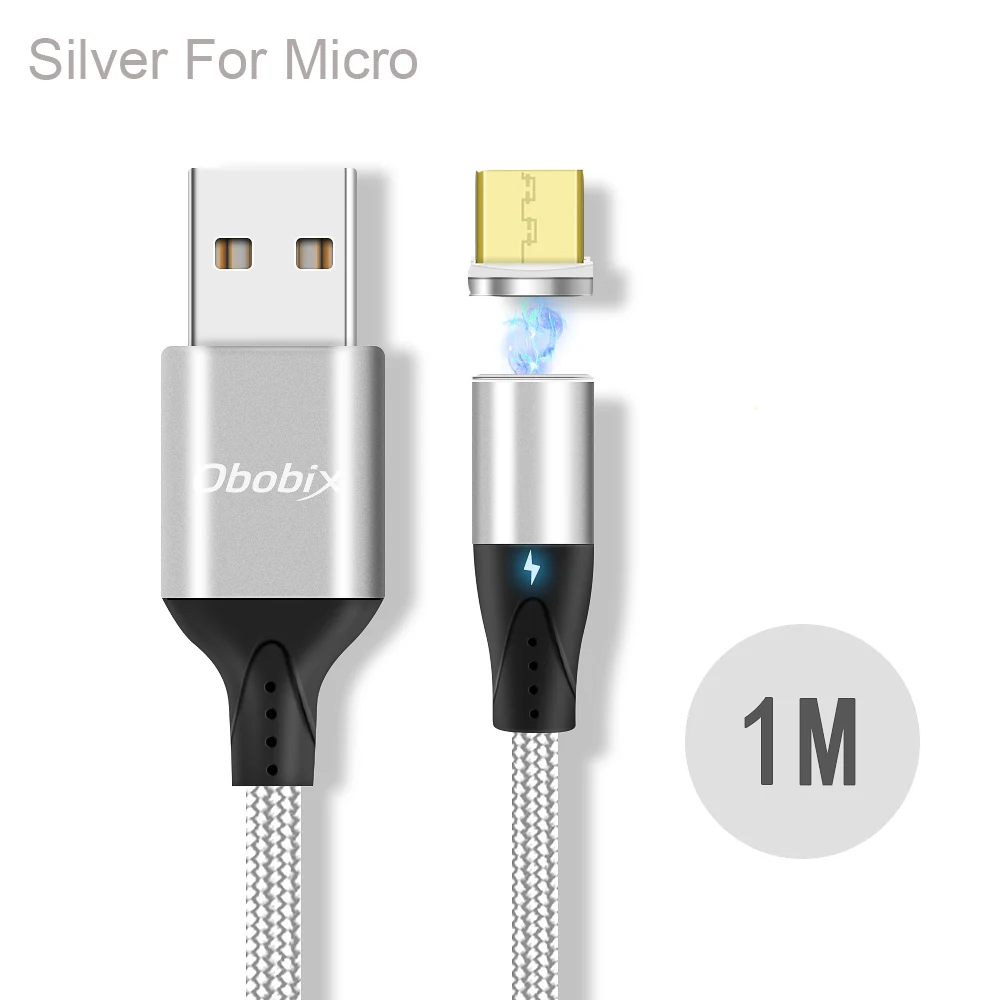 Магнитный Micro USB кабель Obobix, зарядный шнур для телефона, для Xiaomi Redmi Note 5 Pro, быстрый Магнитный зарядный провод, Micro USB светодиодный кабель - Цвет: Silver