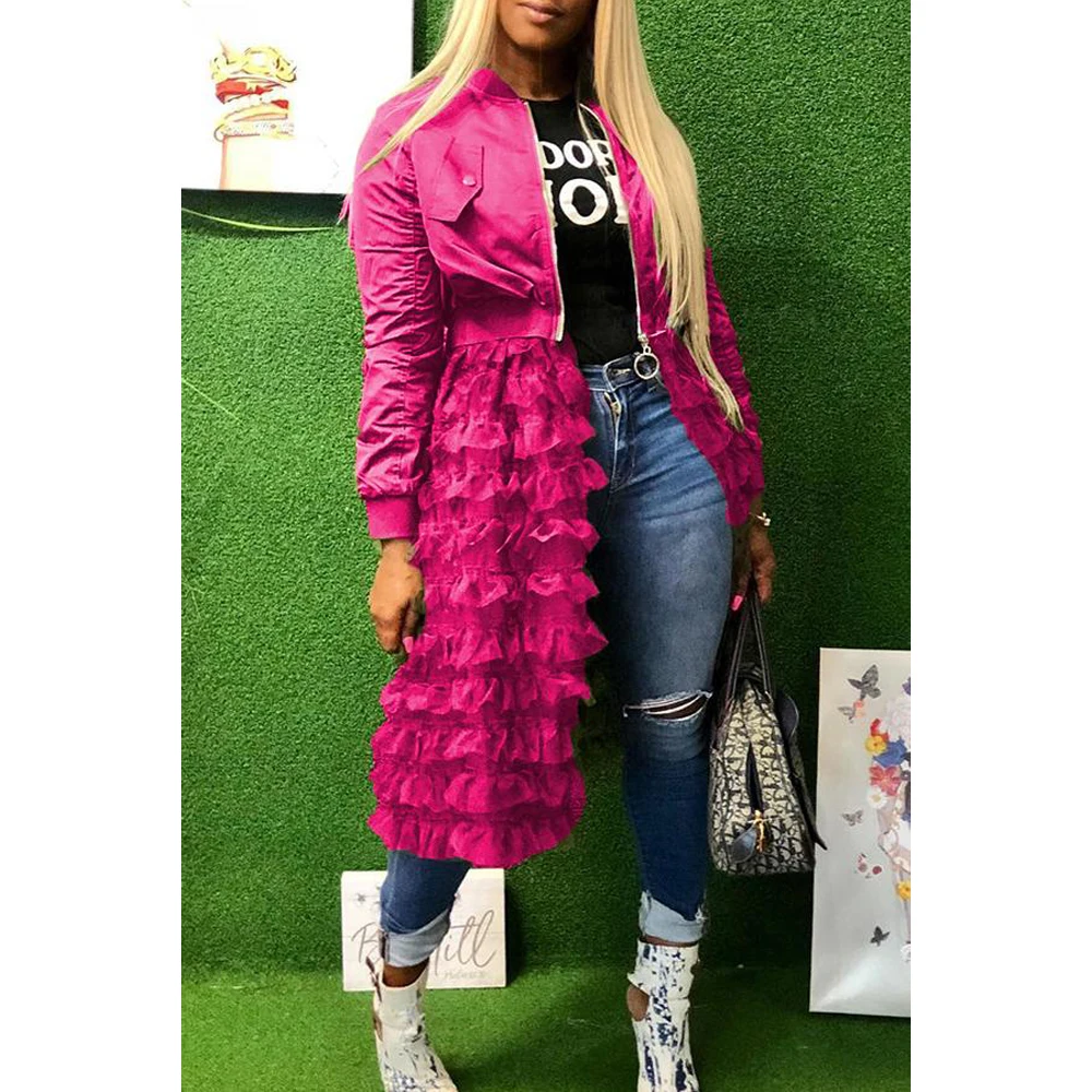 buy  2019 Autumn Fashion Women Lady Mesh Lace Splice Coats Long Sleeve Zipper Frill Tulle Tutu Long Jack