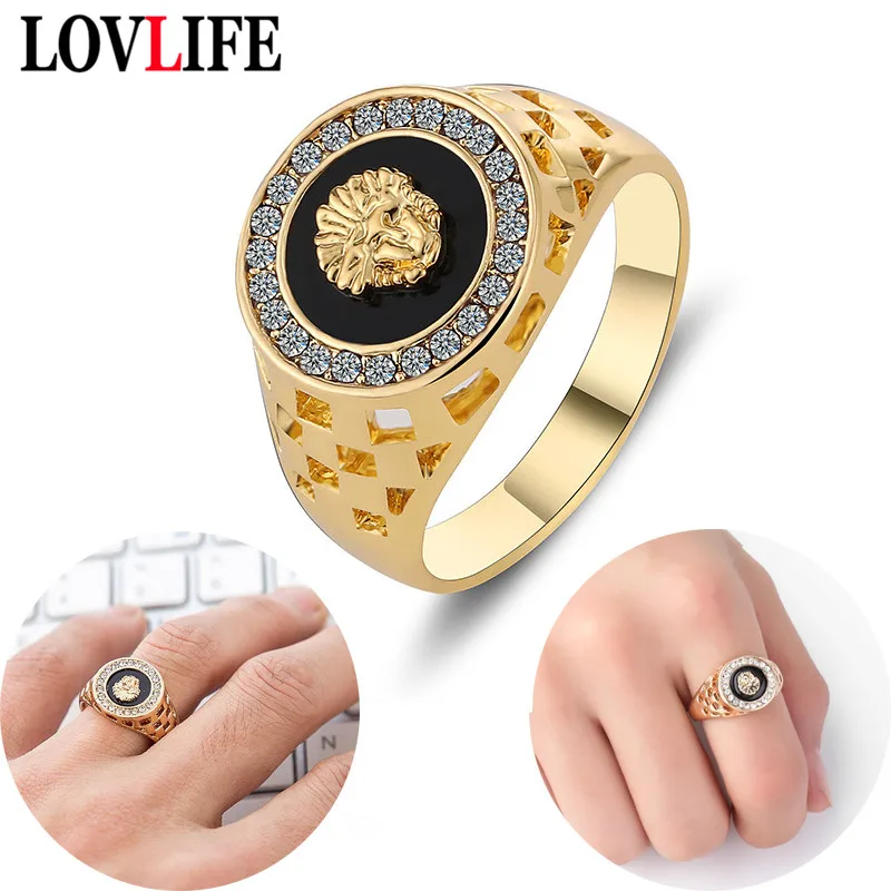 Punk Men Lion Head Rings Crystal Enamel Ring for Women Gold Alloy Hollow Finger Rings
