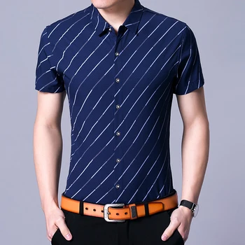 

BROWON Summer 2020 New Men's Casual Striped Shirt Short Sleeve Lapel Single-breasted Polyester Fiber Dress Men's Clothing