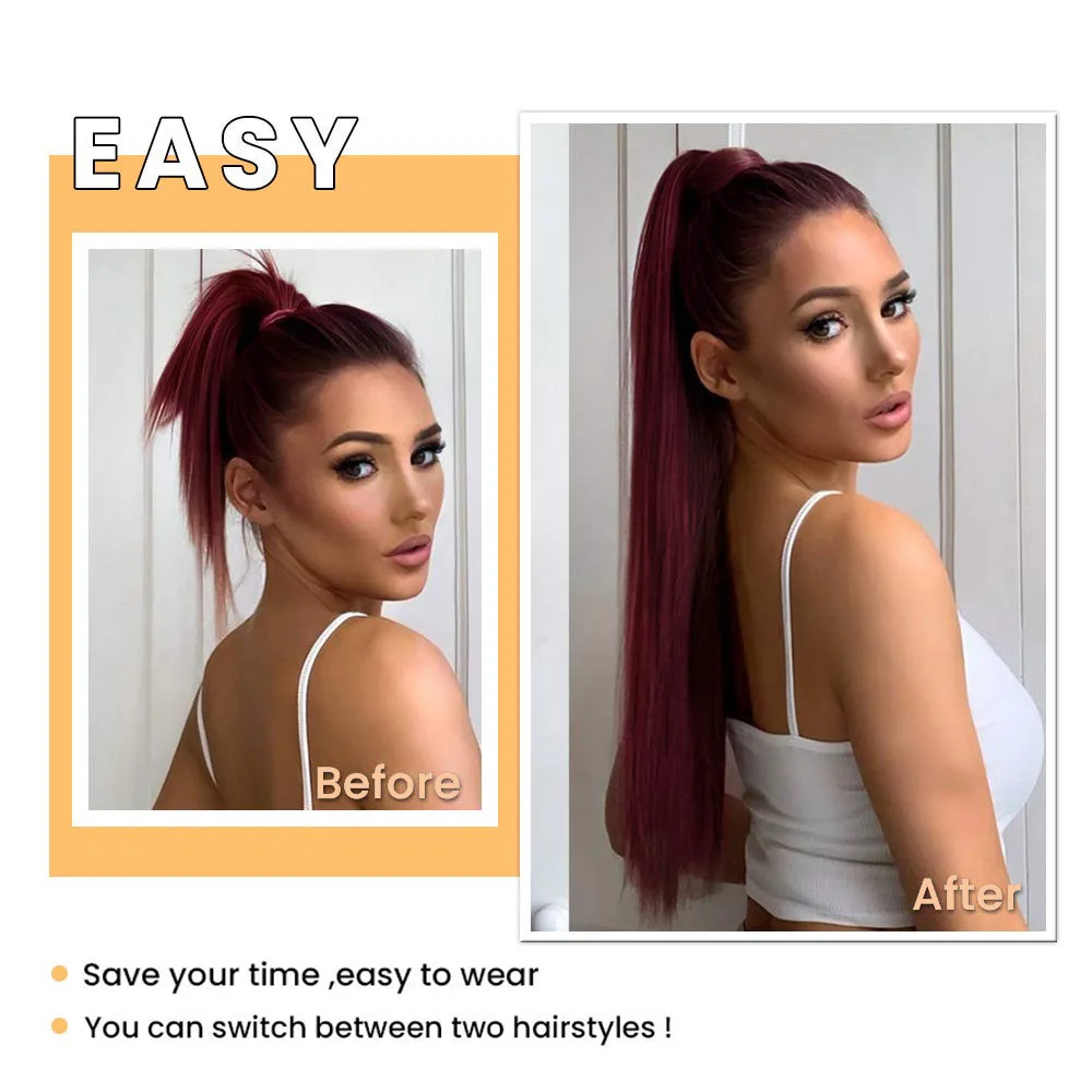 Fake hair extensions Straight ponytail 22 Inch long wrap around clip in ponytail hair extensions Yaki synthetic hairpiece fake hair Alororo