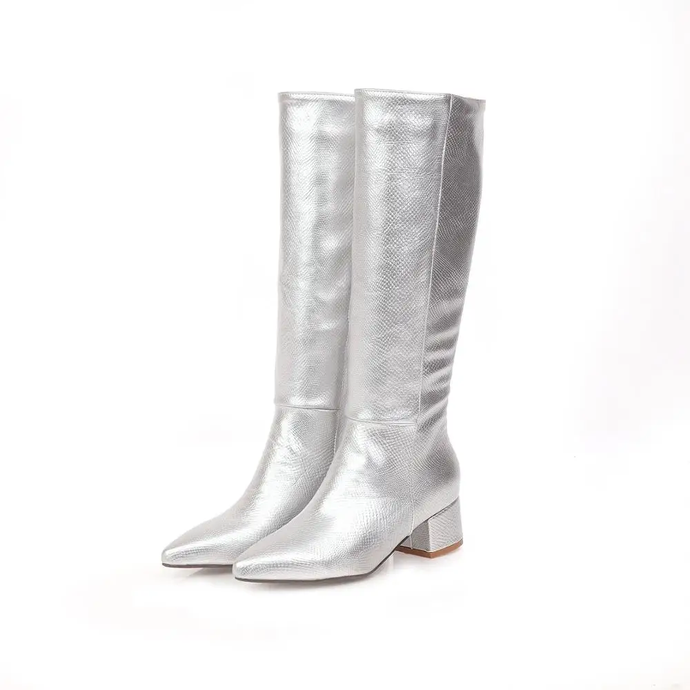 silver LVABC Plus size 34-43 Hot knee high boots women shoes thick high heels boots pointed toe fashion ladies cowboy western boots - Цвет: silver