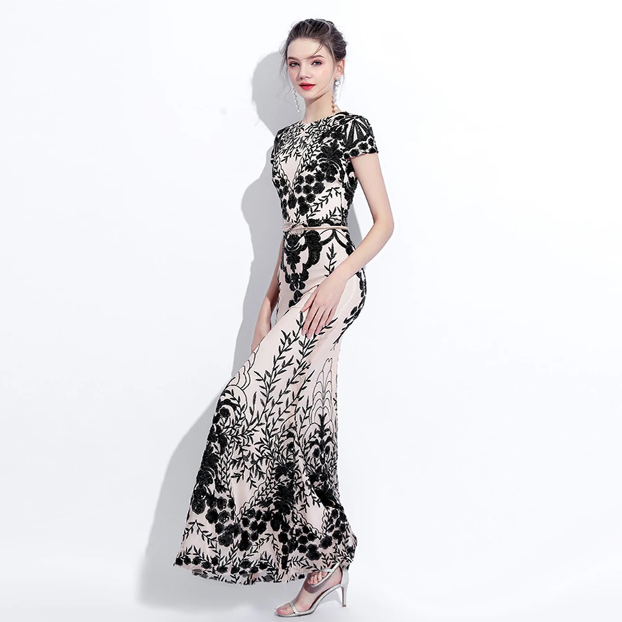 Vestido de festa longo Short Sleeves Embroidered sequins Flowers Decoration Tulle Mermaid Sexy Long Fishtail Evening Dresses