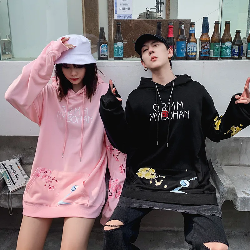 Толстовки для мужчин Harajuku японский стиль кран цветочный принт пуловер Кофты Уличная мода хип хоп повседневные топы с капюшоном WG452
