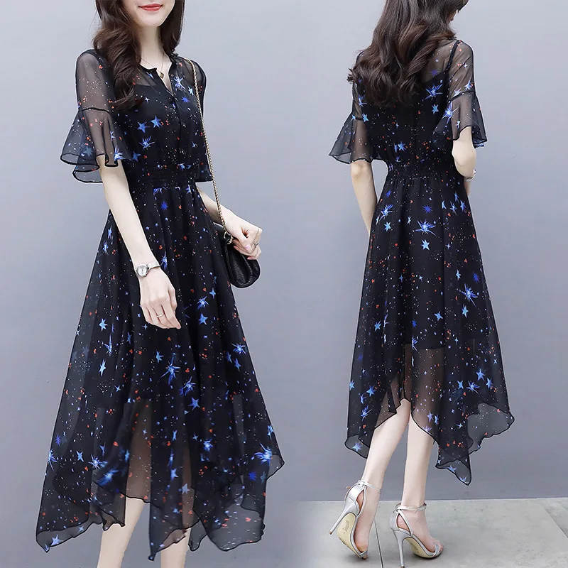 

Summer Women 's Wear New Mid-length Bell Sleeve Irregular Temperament Famous Star Empty Printed Chiffon Dress Plus Size