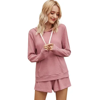 

2020 Women's Home Set Hooded Long Sleeve Top and Shorts Women's Autumn Two-piece Pink Gray Sports Suit Woman Clothes Plus size