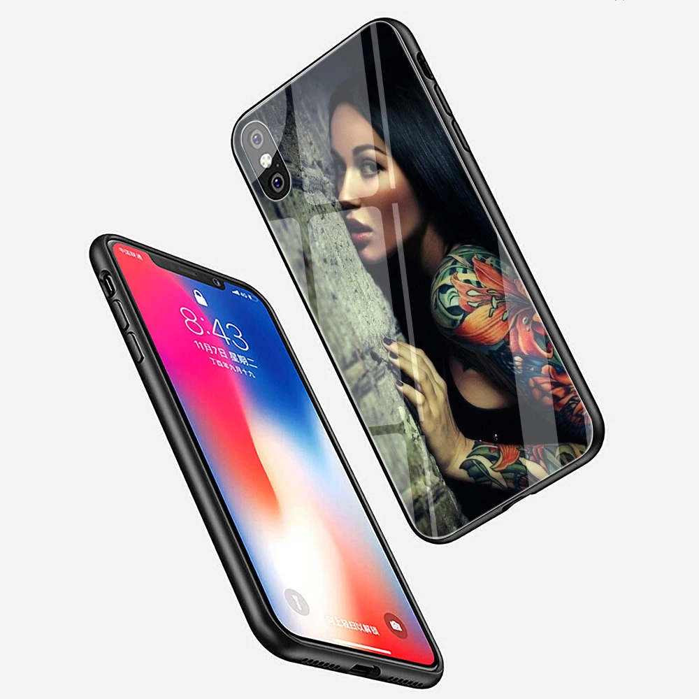 EWAU сексуальный рукав тату девушка закаленное стекло чехол для телефона iPhone 5 5S SE 6 6s 7 8 plus X XR XS 11 pro Max