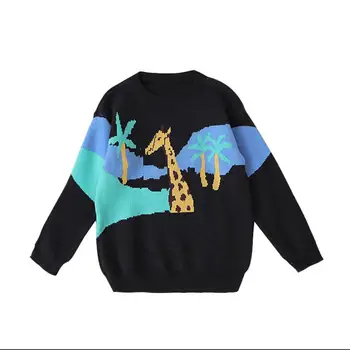 

College wind autumn new round neck pullover giraffe jacquard knit sweater
