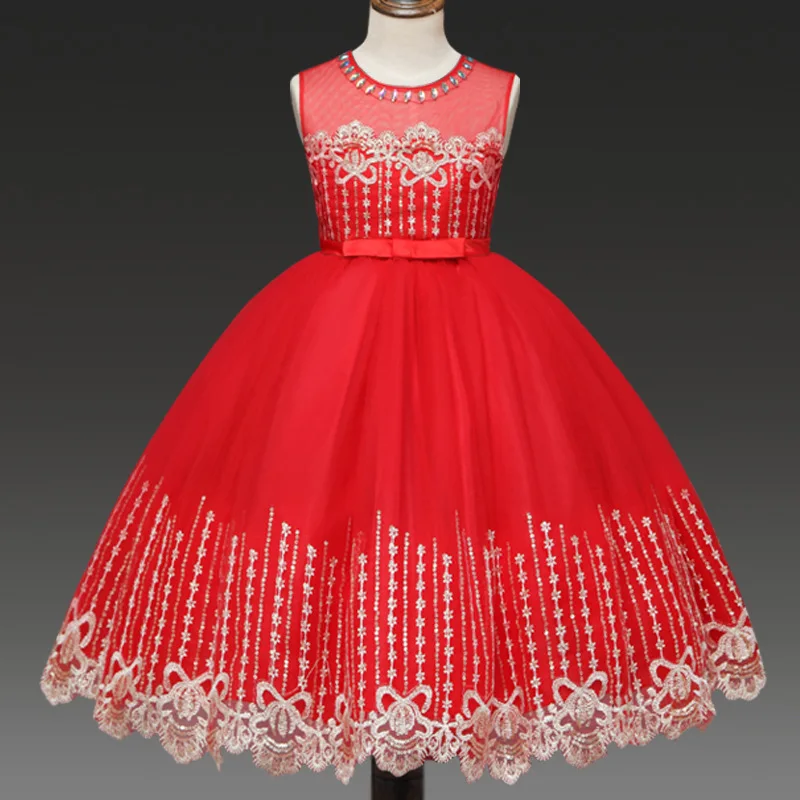 

New Style Girls Dress Flower Boys/Flower Girls Bow Formal Dress Red Princess Mesh Skirt Costume