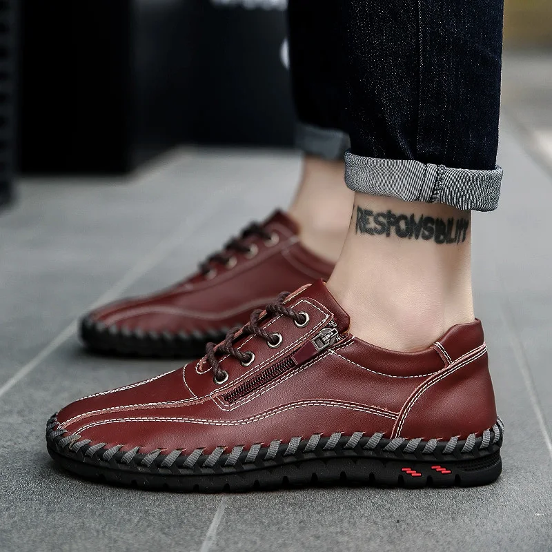 

Genuine Leather Men Shoes Casual Sneakers Big Size 38-50 Man Lace Up Moccasins 4 Colors Black Brown Blue Orange