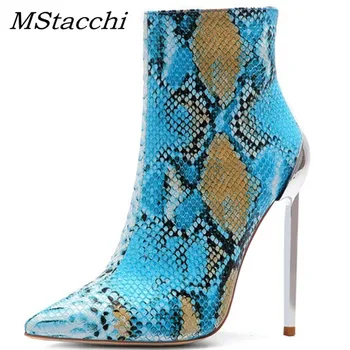 

MStacchi Silver Wine Glass High Heels Shoes Women Blue Snake Ankle Boots For Woman Thin High Heels Sexy Zipper Female Short Boot