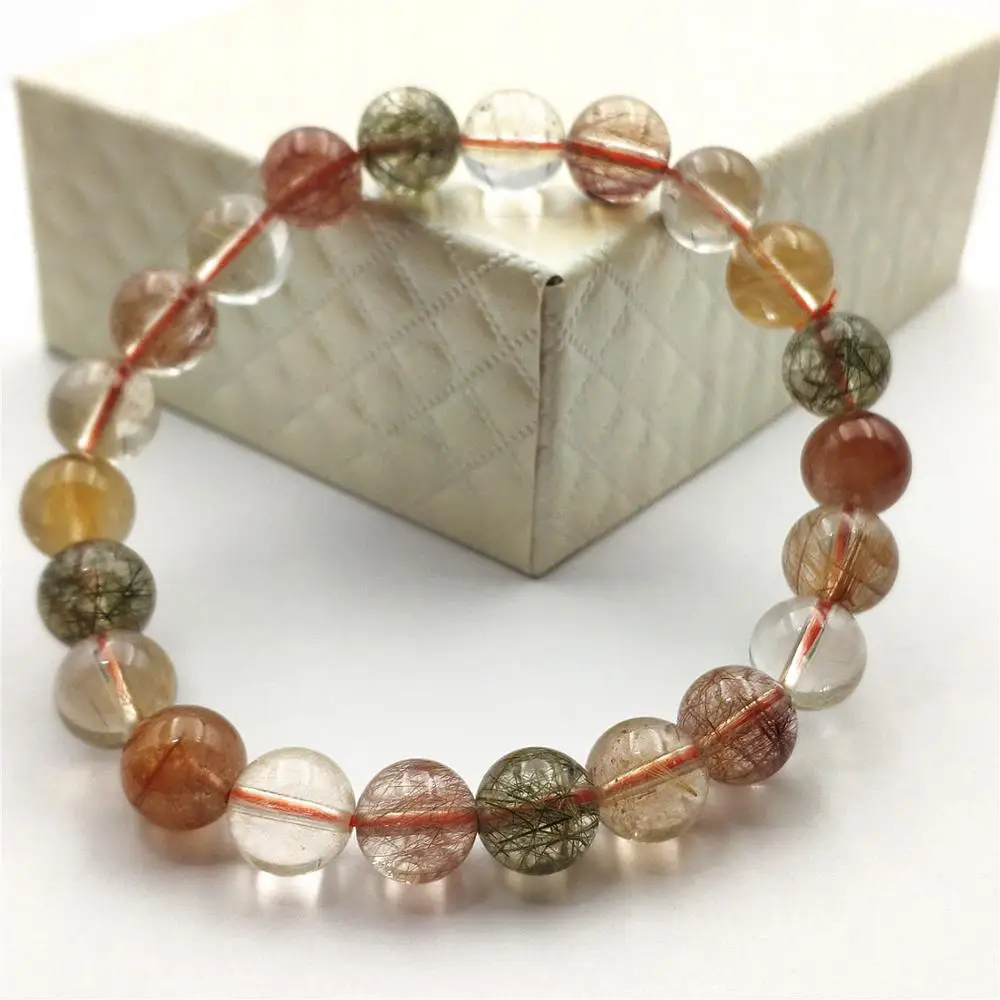 

Natural Colorful Rutilated Quartz Crystal Women Men Clear Round Beads Bracelet 9mm Love Gold Red Green Copper Jewelry AAAAA