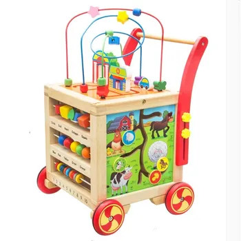 

Multi-functional Baby Walker Toy Baby Wooden Cart Baby Educational around the Bead Treasure Chest 7-18 Months