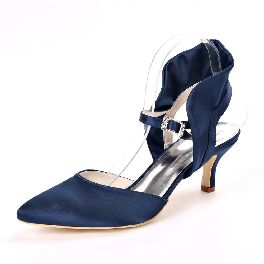 

Elegant pointed toe lady satin evening dress shoes vintage style ankle strap med heel pumps slingback bridal wedding prom heels