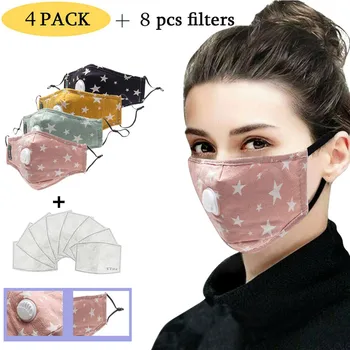 

4PC Adults Cotton Washable Adjustable Cartoon Filter Breather Valve Mask with 8 Filters Mouth Muffle Face sheild Mascarilla
