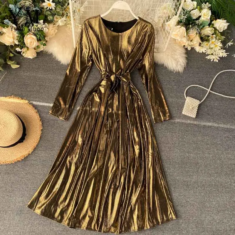 Золотой YuooMuoo, Европейская мода, женское, золотое, красное, Бандажное, вечерние, платье с длинным рукавом, ТРАПЕЦИЕВИДНОЕ, макси платье, Vestidos, Женская Клубная одежда, макси платье - Цвет: Золотой