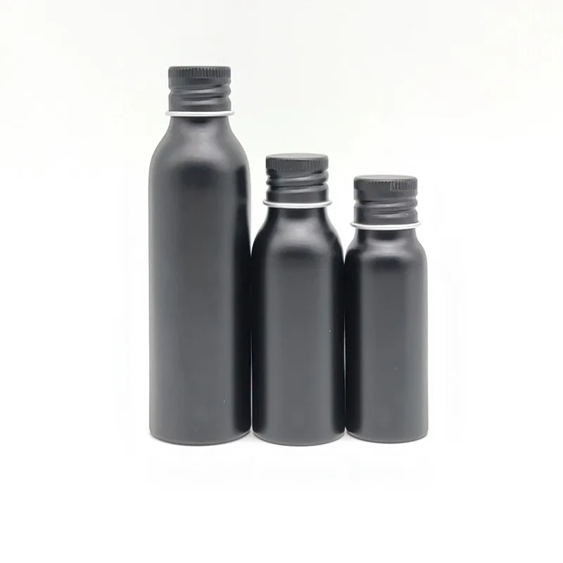 30ML 50ml 100ml 빈 스크류 캡 포함 검은 색 알루미늄 병 금속 용기 향수병 액체 에센셜 오일 병