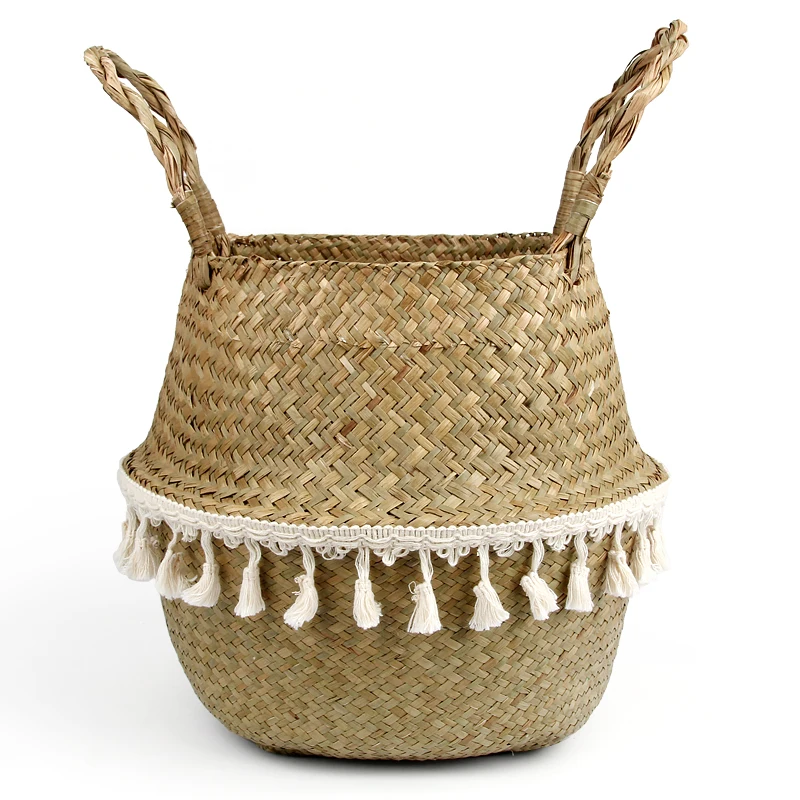 

Cute Small Foldable Handmade Storage Basket Folding Wicker Rattan Seagrass Belly Straw Garden Flower Pot Planter