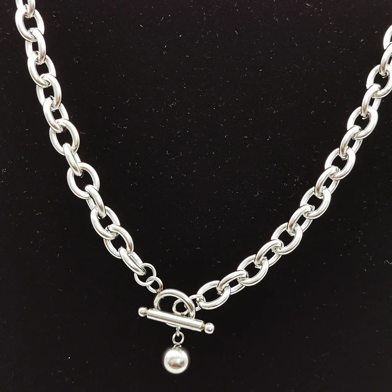 

OuGuan Hip Hop Brand New Titanium Steel Silver OT Buckle Ball Pendant Necklace Ladies Men's Roll Chain Necklace Jewelry 2019