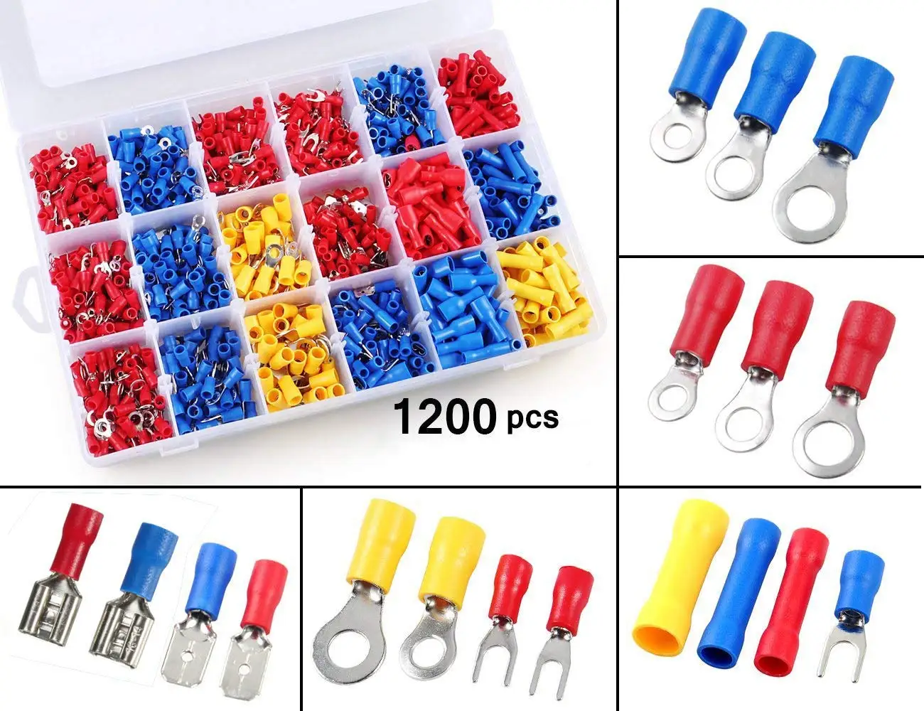 1200 conectores elétricos dos pces, terminais isolados do friso do tipo uyo, conjunto sortido misturado do conector da extremidade da pá da forquilha do anel do jogo do lug