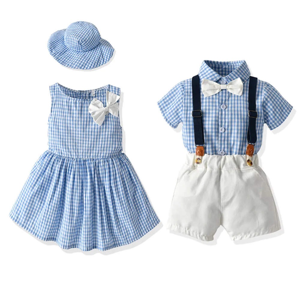 LZH New Summer Children Clothing Baby Boys Grid Shirt+ Overalls Set Girls Dress Brother Sister Clohtes Suit Kids Costume | Детская
