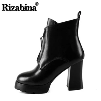 

RIZABINA High Heels Ankle Boots For Women Real Genuine Leather Fashion Zipper Platform Shoes Women Short Boots Size 34-40