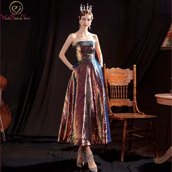 

Walk Beside You Tea Length Prom Dresses Sequined Sparkly Purple Strapless Graduation Robes Abendkleider 2021 Celebrity Dresses