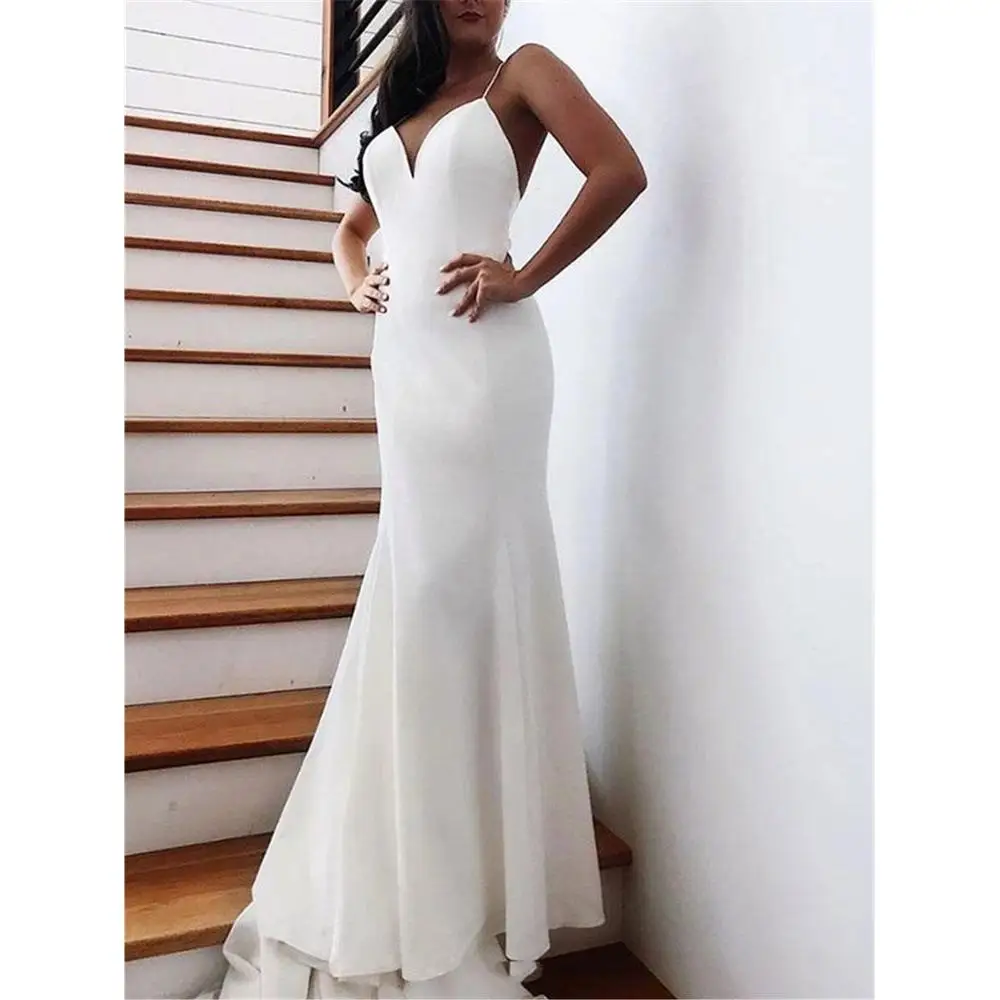 Glamorous White Wedding Gown Spaghettibandjes V-hals Backless Mermaid Backless Gedaald Maatwerk Bridal Jurken 2019 Met Bogen Glamorous White Wedding Gown Spaghettibandjes V-hals Backless Mermaid Backless Gedaald Maatwerk Bridal Jurken 2019 Met Bogen