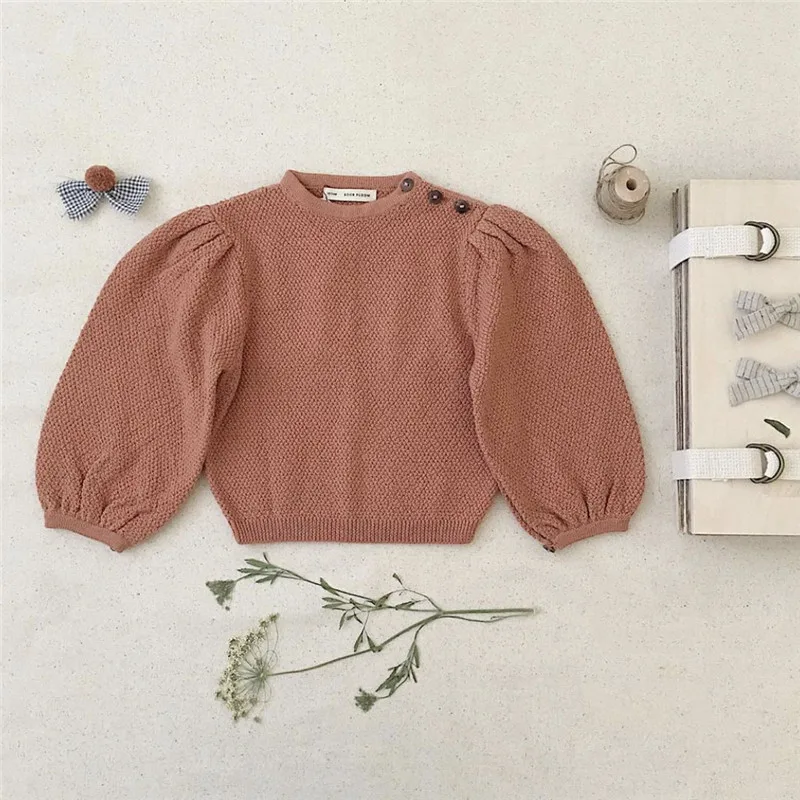 pink Soor Ploom/зимние свитера с пышными рукавами для маленьких девочек; Детские модные вязаные свитера с круглым вырезом; детский однотонный пуловер для маленьких девочек - Цвет: pink