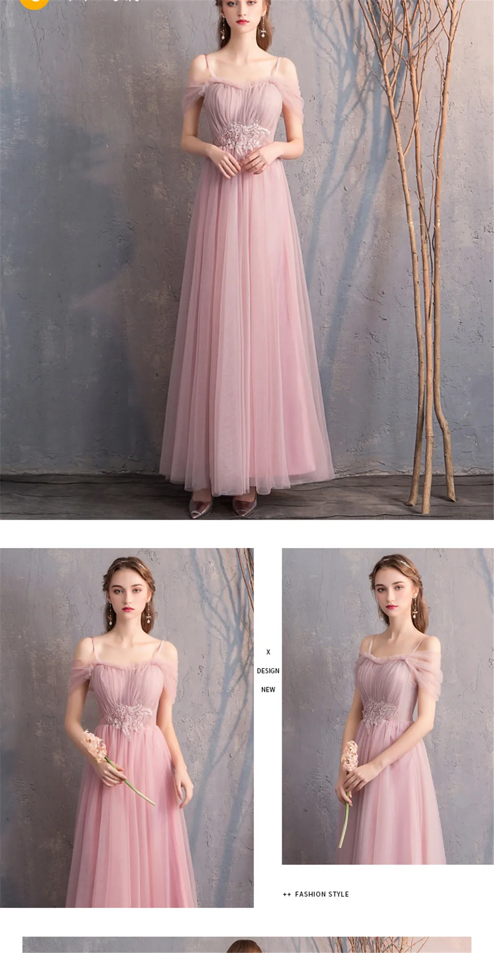 XCOS Vestido Madrinha Pink Tulle Long Bridesmaid Dresses Sexy A Line Chiffon Dress for Wedding Party Robe Demoiselle D'honneur