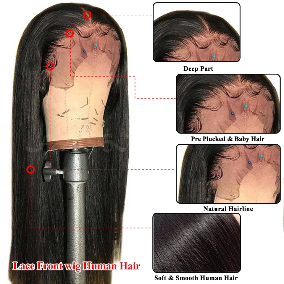 13x6 прямые парики фронта шнурка человеческих волос Парики 150 плотность натуральный черный отбеленные длинные волосы remy бразильские предварительно