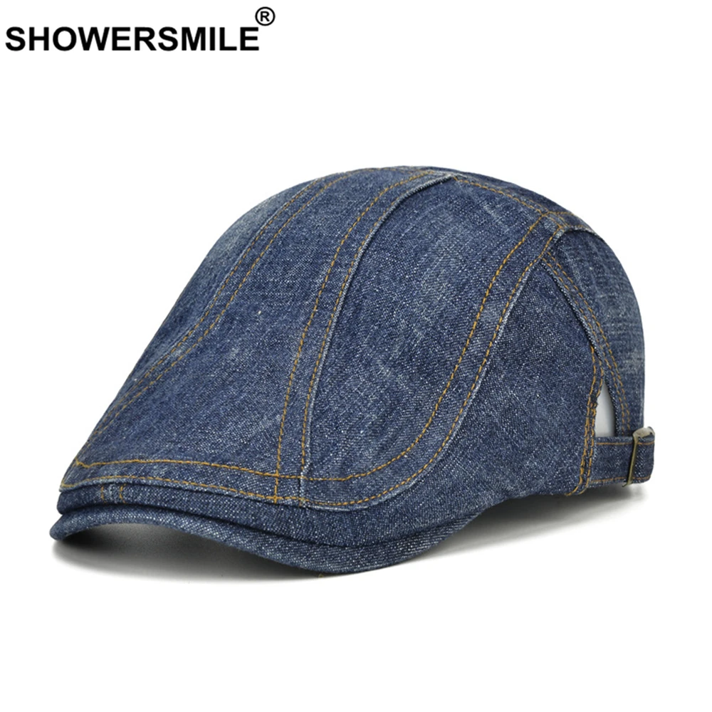 SHOWERSMILE Men's Blue Berets Plaid Adjustable Cotton Flat Cap Male Summer Autumn Classic England Breathable Duckbill Hat New mens berets for sale