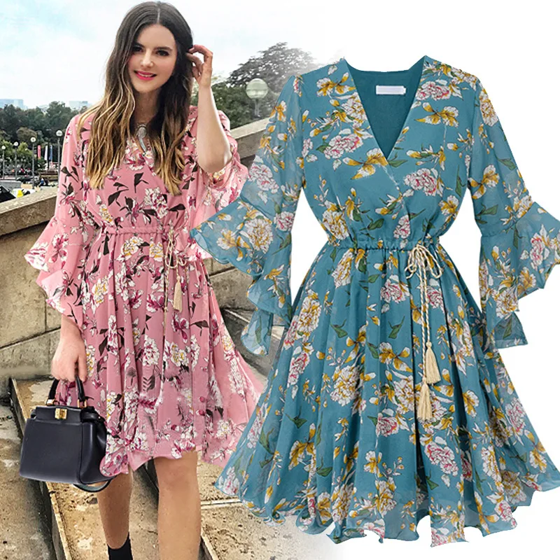 

Large Size Women's Clothing Fat Sister Women's Floral V-neck Flared Sleeves Dress