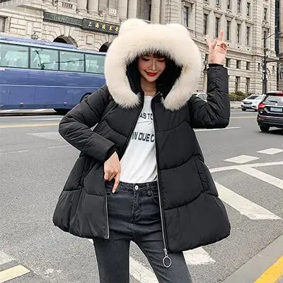 Черный Однотонное меховое хлопковое пальто с капюшоном для женщин Harajuku размера плюс, зимние куртки, пальто для женщин, Корейская трапециевидная теплая длинная куртка, милая верхняя одежда - Цвет: Черный