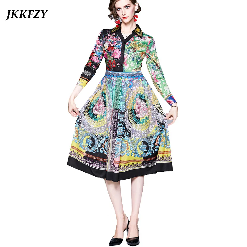

Spring Autumn Print Midi Pleated Dress Designer Runway Dresses 2019 Women High Quality Fashion Boho Vintage Dresses Robe Femme