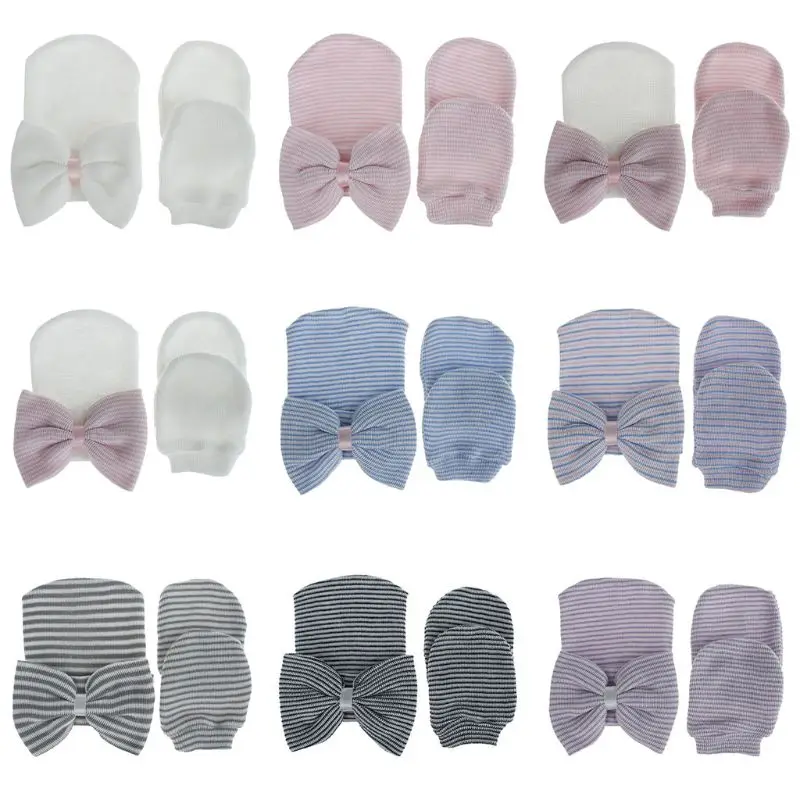 

2Pcs Baby Anti Scratching Gloves Big Bow Hat Set Protection Scratch Mittens Warmer Cap Kits Infant Newborn Supply