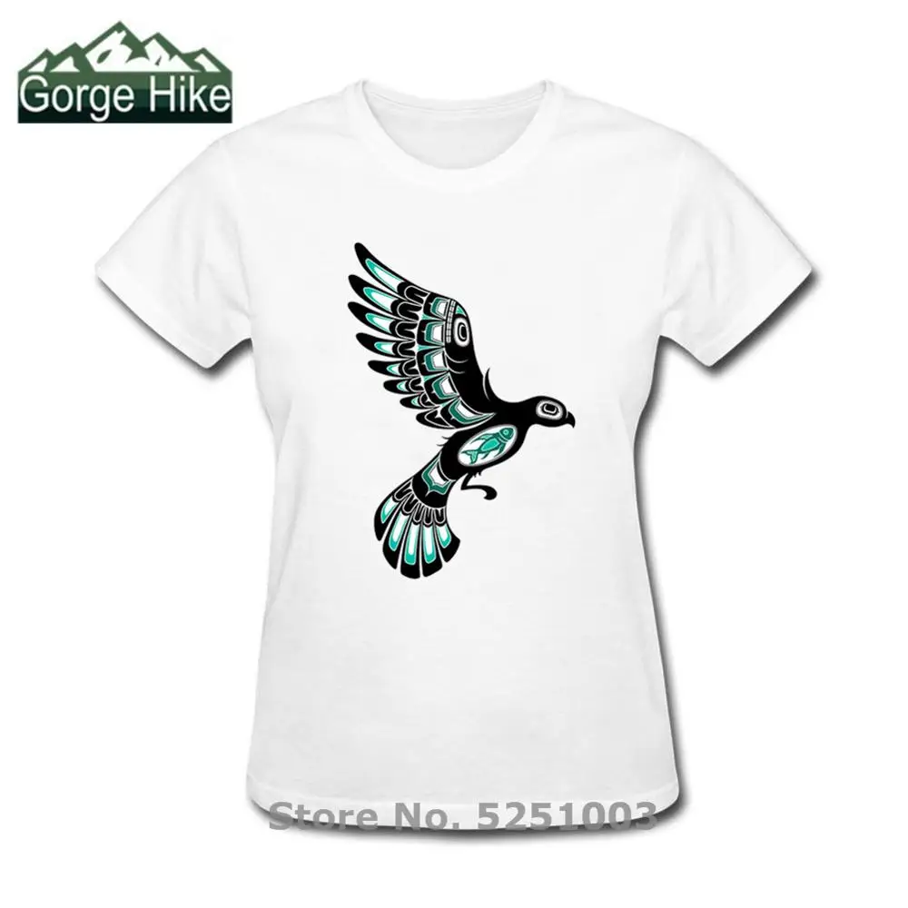 Haida Spirit Flying Bird Summer Women's Fashion animal Printed T-Shirt Teal Blue and black Short Sleeve Popular Tops Novelty Tee | Женская